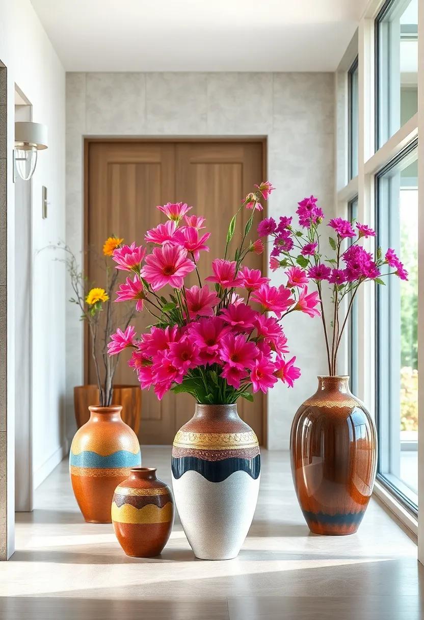 Vibrant Floral Arrangements in Unique Ceramic Vases Enhancing the Sophistication of Your Entry Hall