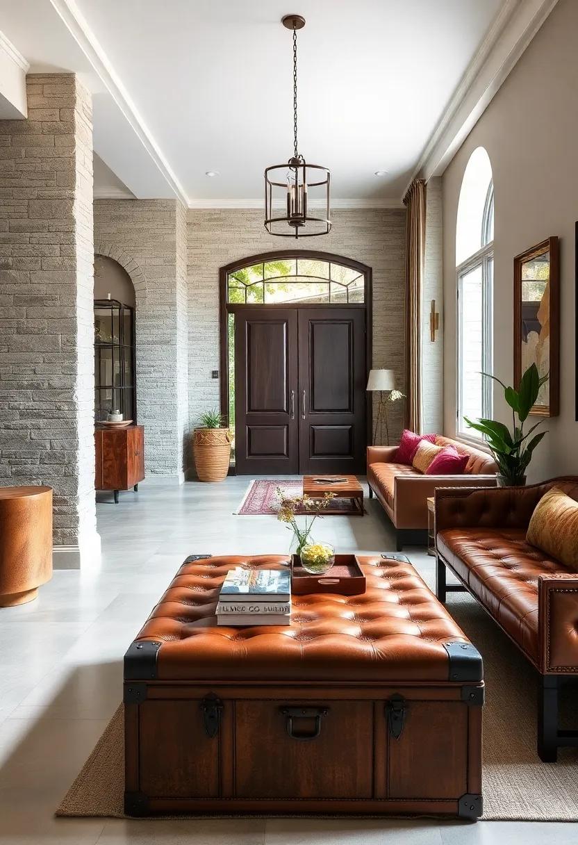 Vintage Trunks and Leather Benches Bringing Character and Function to a Sophisticated Entry Lounge