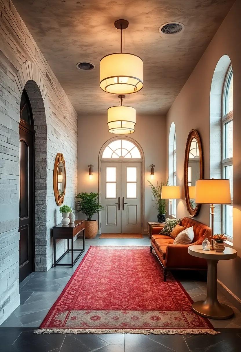 Warm Lighting Fixtures Casting Soft Glows Over Luxe Rugs and Vintage Mirrors in an Inviting Entry Space