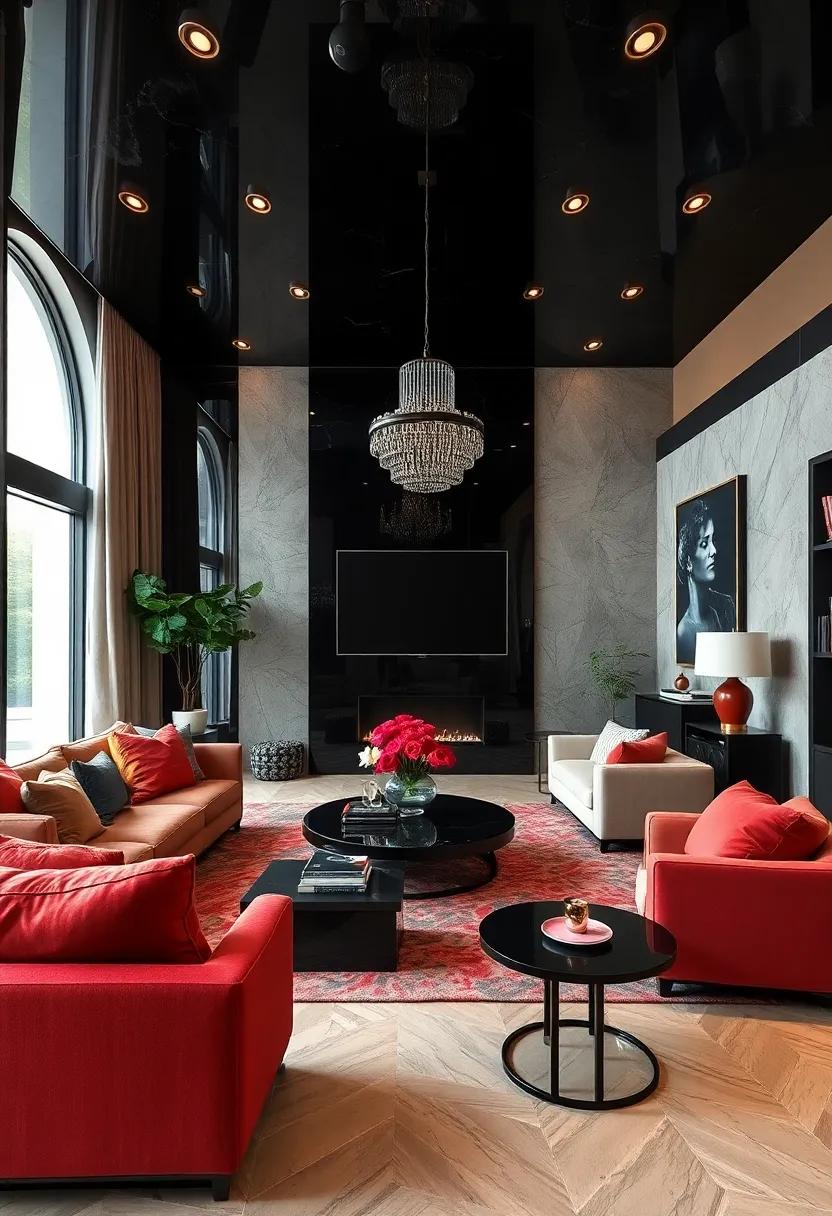 Glossy Black Lacquered Surfaces Adding Depth and Mystery to Glamorous Living Rooms