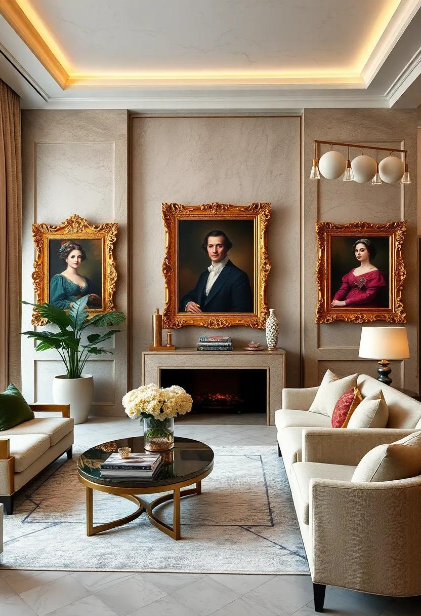 Ornate Gilded Frames Surrounding Classic Portraits Adding a Touch of Regal Sophistication