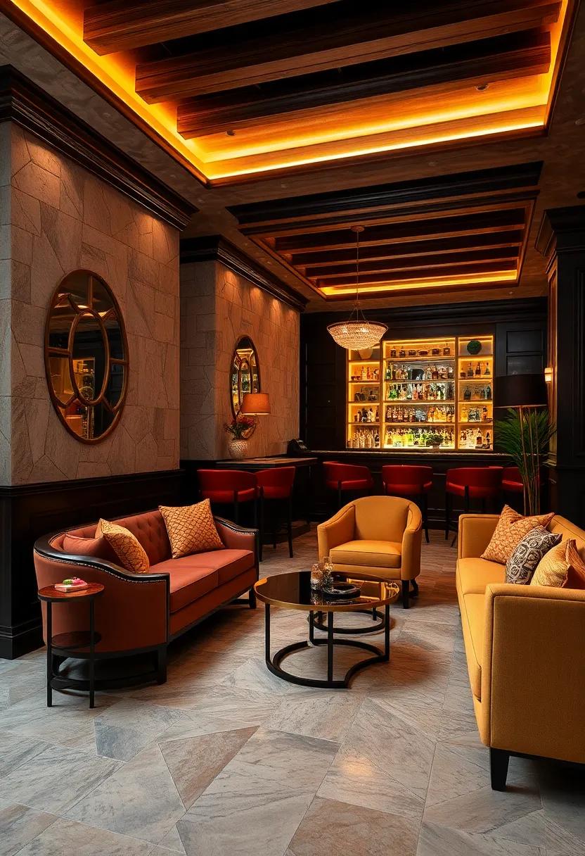 Speakeasy Inspired Bar Areas with Dark Wood and Ambient Lighting Exuding Rich Elegance