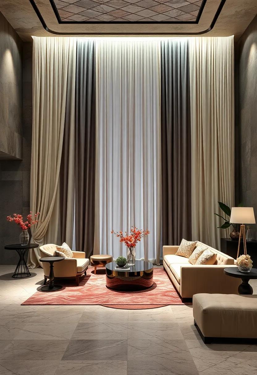 Sumptuous Silk Draperies Cascading in Fluid Motion Enhancing the Grandeur of Glamorous Rooms