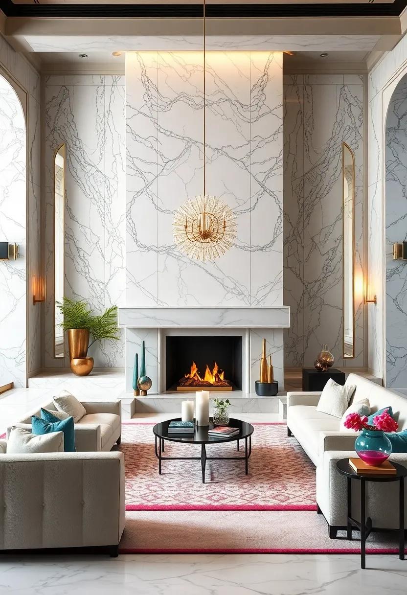 White Marble Fireplaces with Intricate Detailing Serving as the Heart of Glamorous Lounges