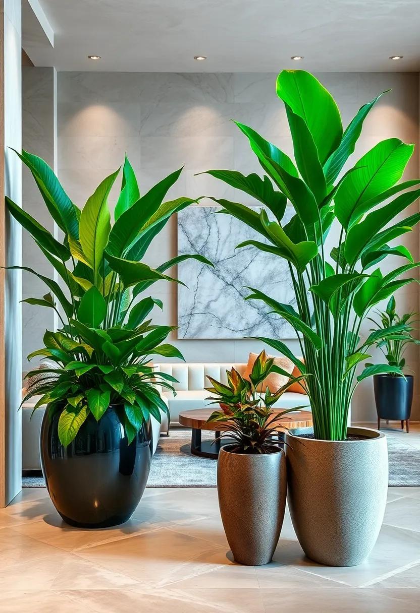 Lush Greenery in Sculptural Planters Bringing Natural Freshness to Hollywood Opulence