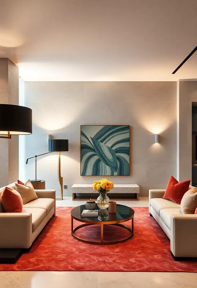 Soft Ambient Lighting Paired with Statement Lamps to Set a Dramatic Yet Warm Mood