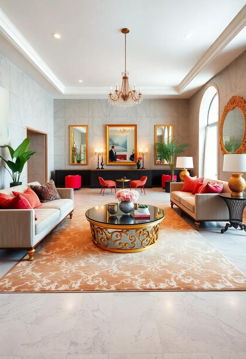 Chic Metallic Accent Rugs Under Ornate Coffee Tables to Anchor Glamorous Lounges