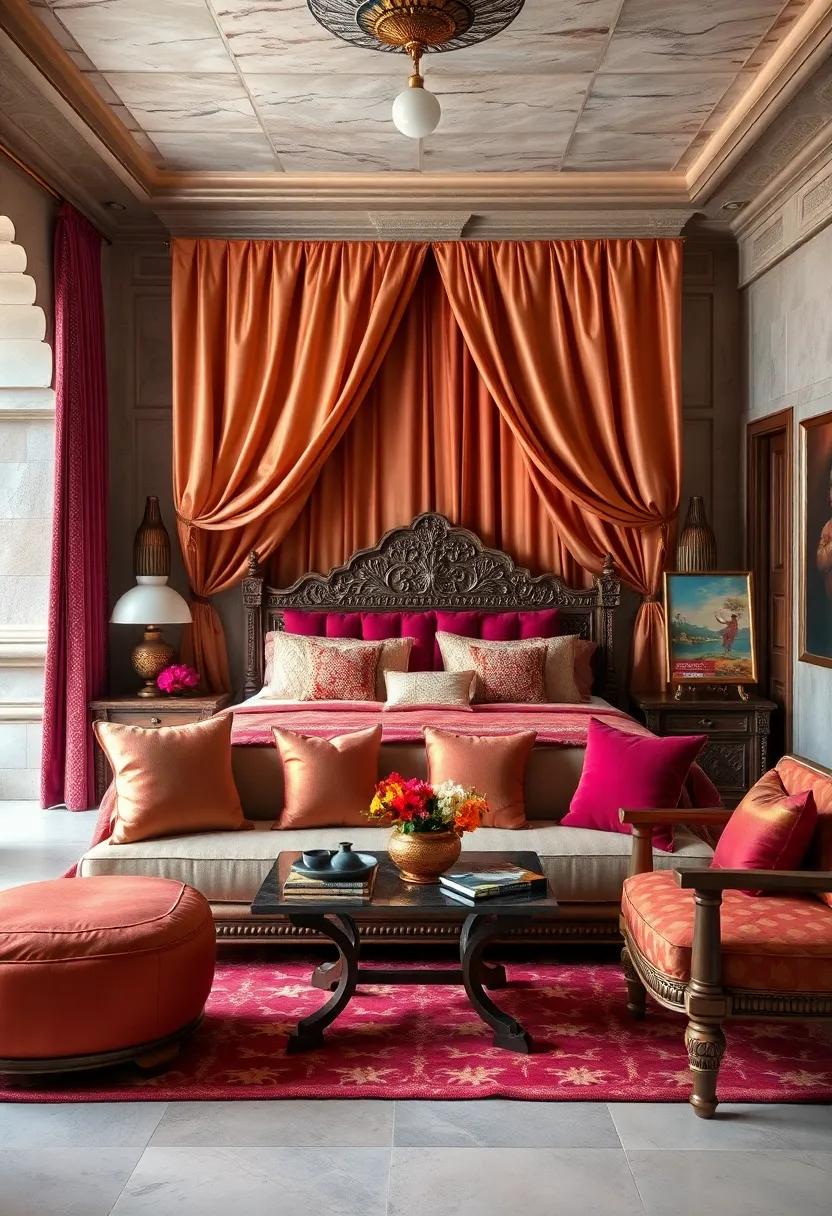 Opulent Silk Drapes and Velvet Cushions Embellishing The Maharaja's Bedroom Retreat