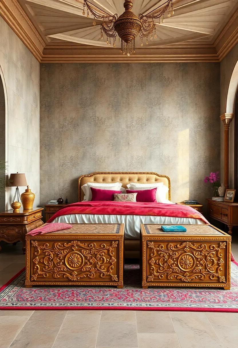 Gilded Storage Chests with Rich Carvings Serving As Functional Art Pieces in The Room