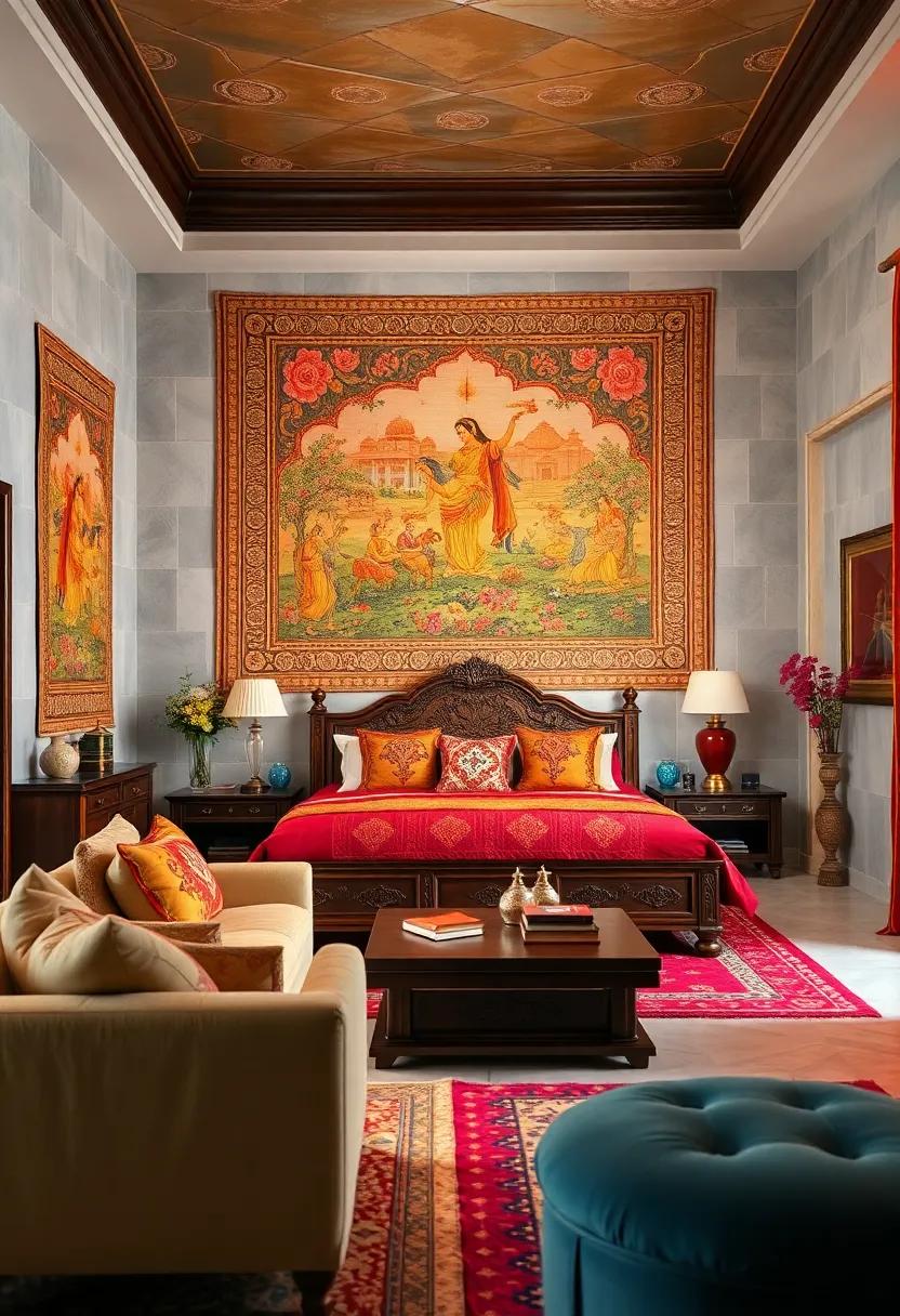 Opulent Wall Tapestries Featuring Mughal Scenes and Elaborate Floral Patterns