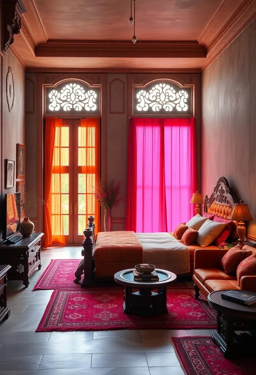 Hand Carved Window Frames Framed by Bright Silk Panels Reflecting Indian Heritage