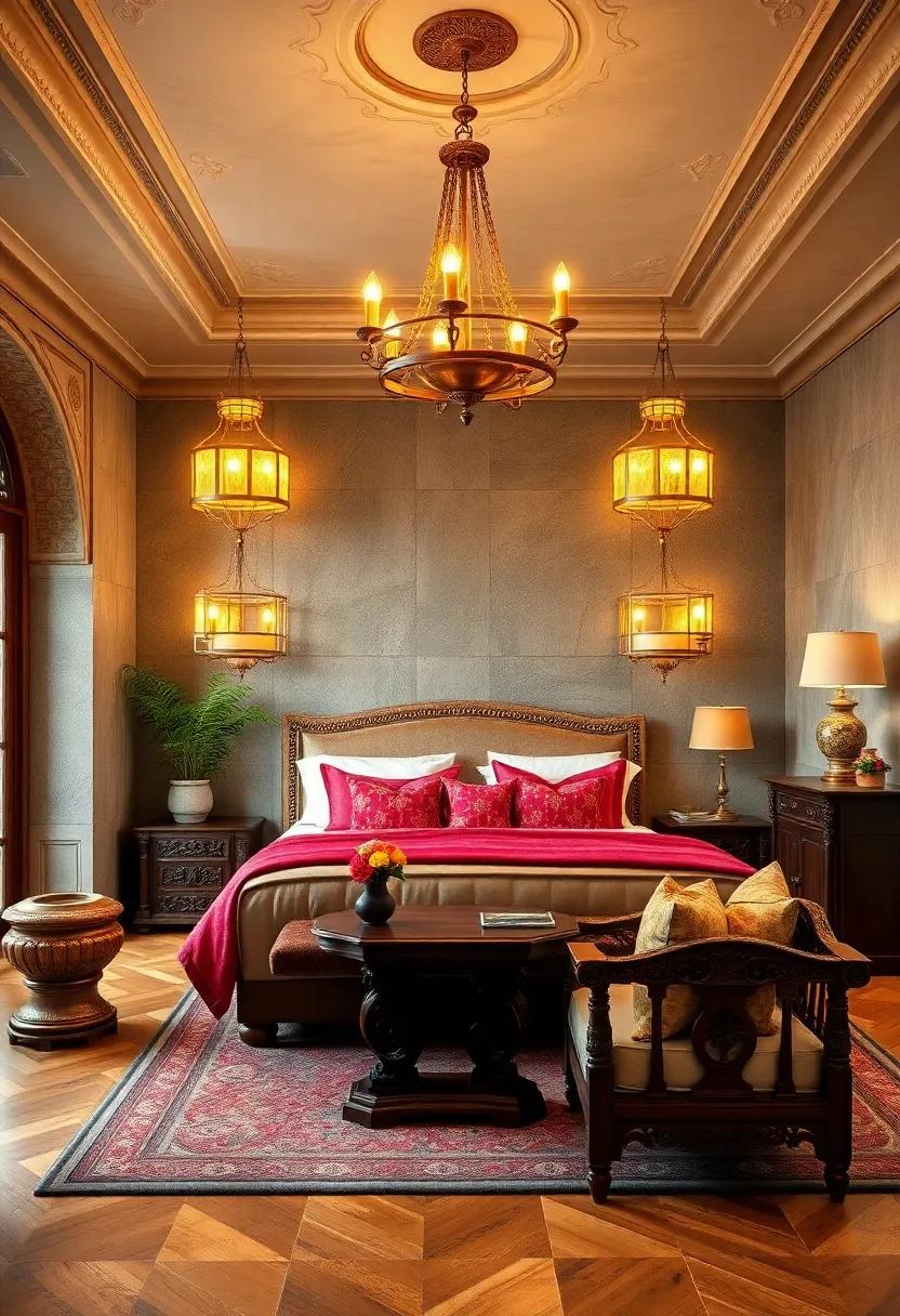 Vintage Brass Chandeliers Casting Soft Golden Glow Over Mahogany Furnishings and Textiles