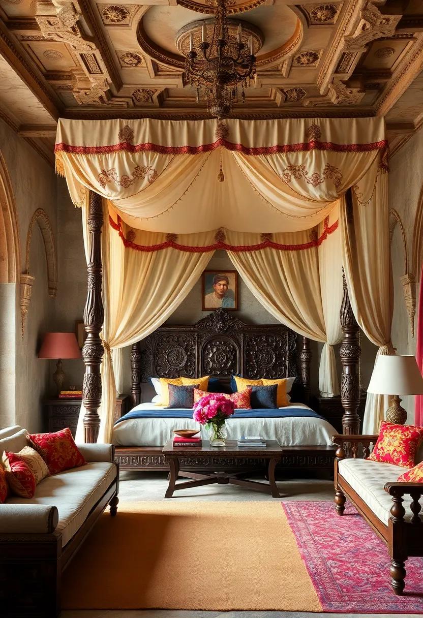 Embroidered Canopies Draped Over Four-Poster Beds Evoking Royal Grandeur and Privacy