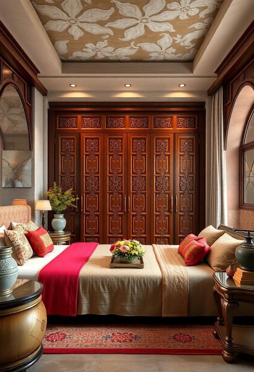 Deep Mahogany Wardrobes with Intricate Floral Motifs Carved by Master Artisans
