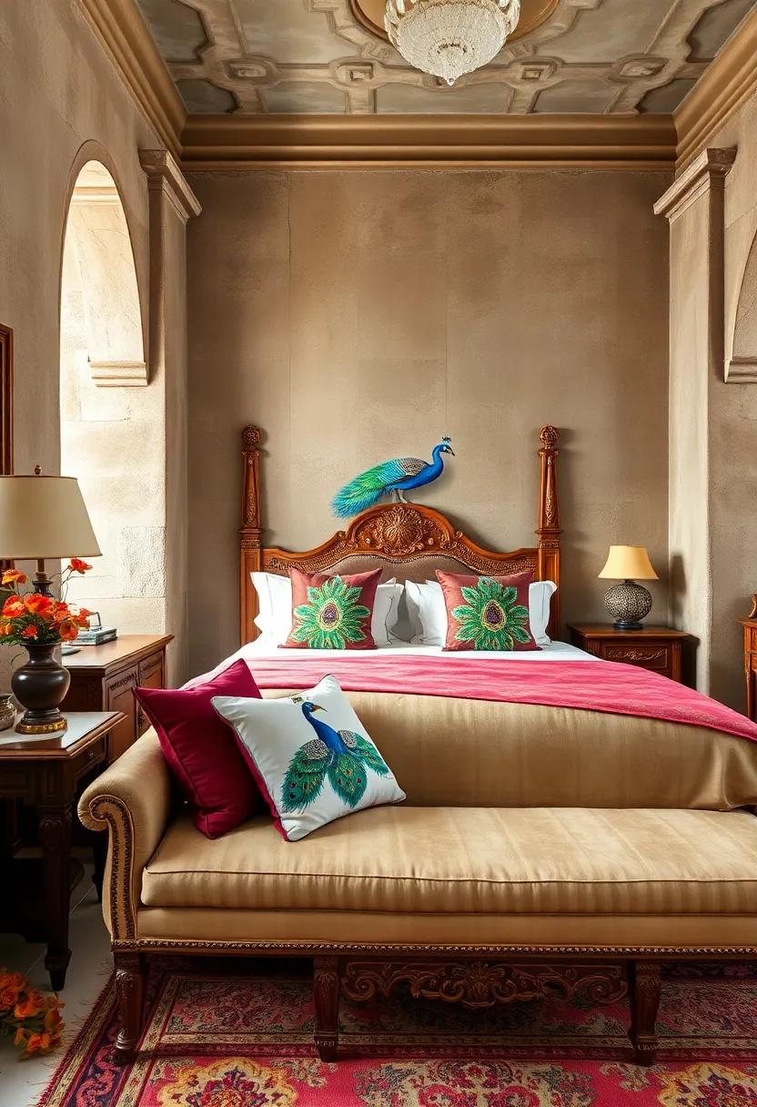 Majestic Peacock Motif on Decorative Pillows Representing Indian Royal Symbolism