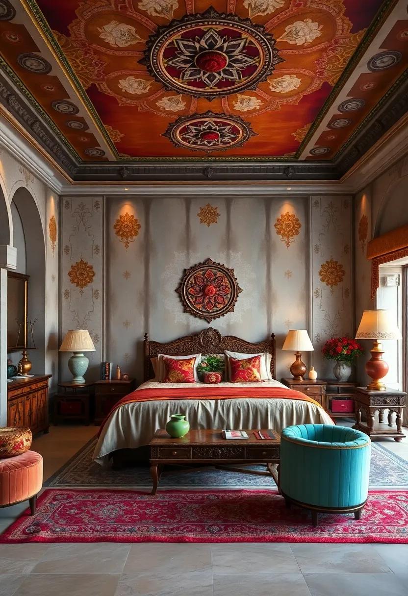 Royal Indian Painted Ceilings with Gold Leaf Accents and Delicate Floral Mandalas