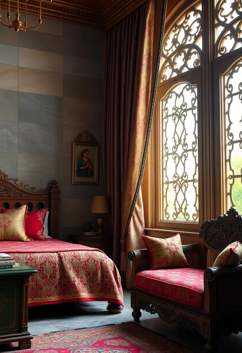 Lush Brocade Curtains with Metallic Threads Flowing Gracefully Beside Ornate Windows