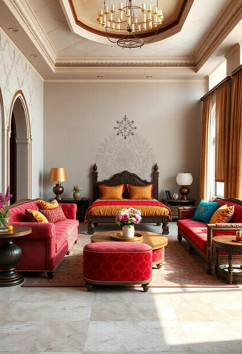 Luxurious Velvet Upholstered Seating with Embossed Patterns and Rich Jewel Hues