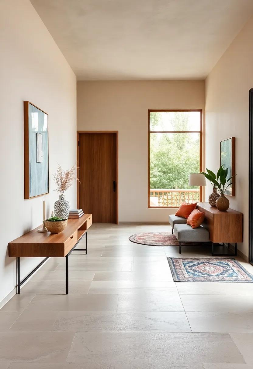 Low Wooden Console Tables Showcasing Minimal Clutter With Thoughtful Decorative Touches