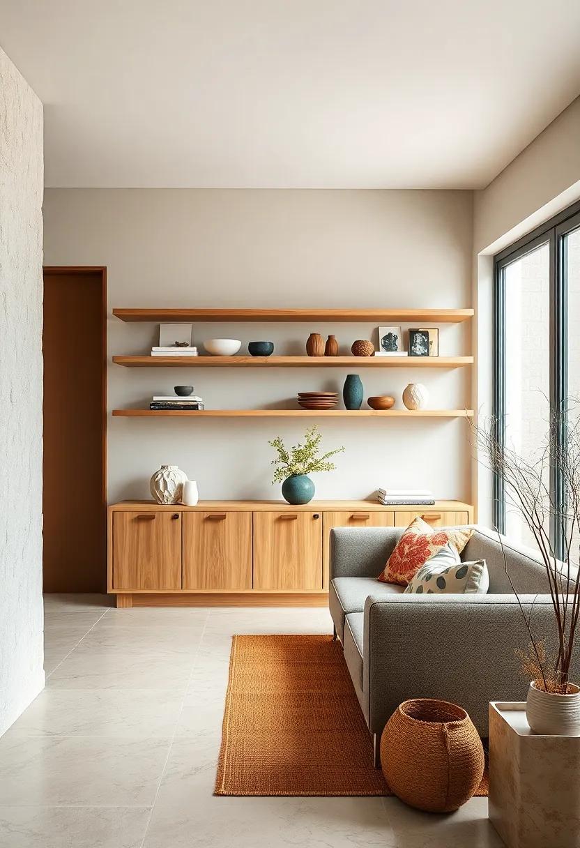 Open Shelving Displaying Minimalist Decorative Objects For Balance Between Beauty And Utility