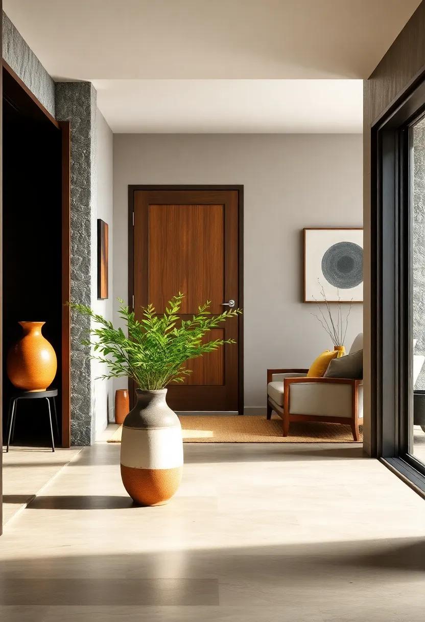 Rustic Ceramic Vases Paired With Simple Greenery To Elevate Japandi Entryway Decor