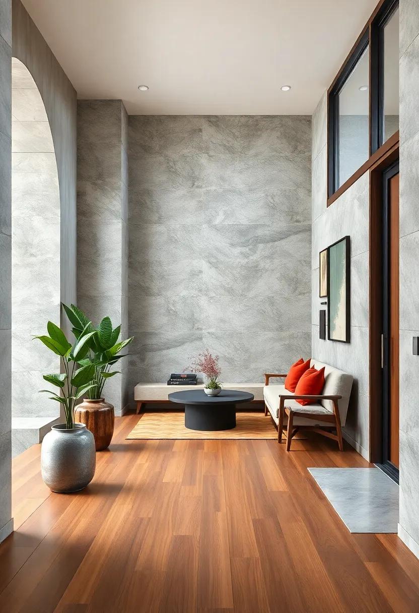 Smooth Stone Accents Complementing Matte Wooden Surfaces In Japandi Entryway Concepts
