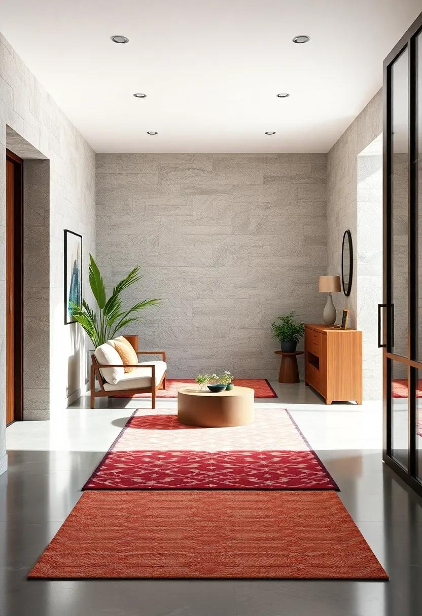Subtle Geometric Patterns On Rugs Adding Depth To Calm And Inviting Japandi Entrance Zones