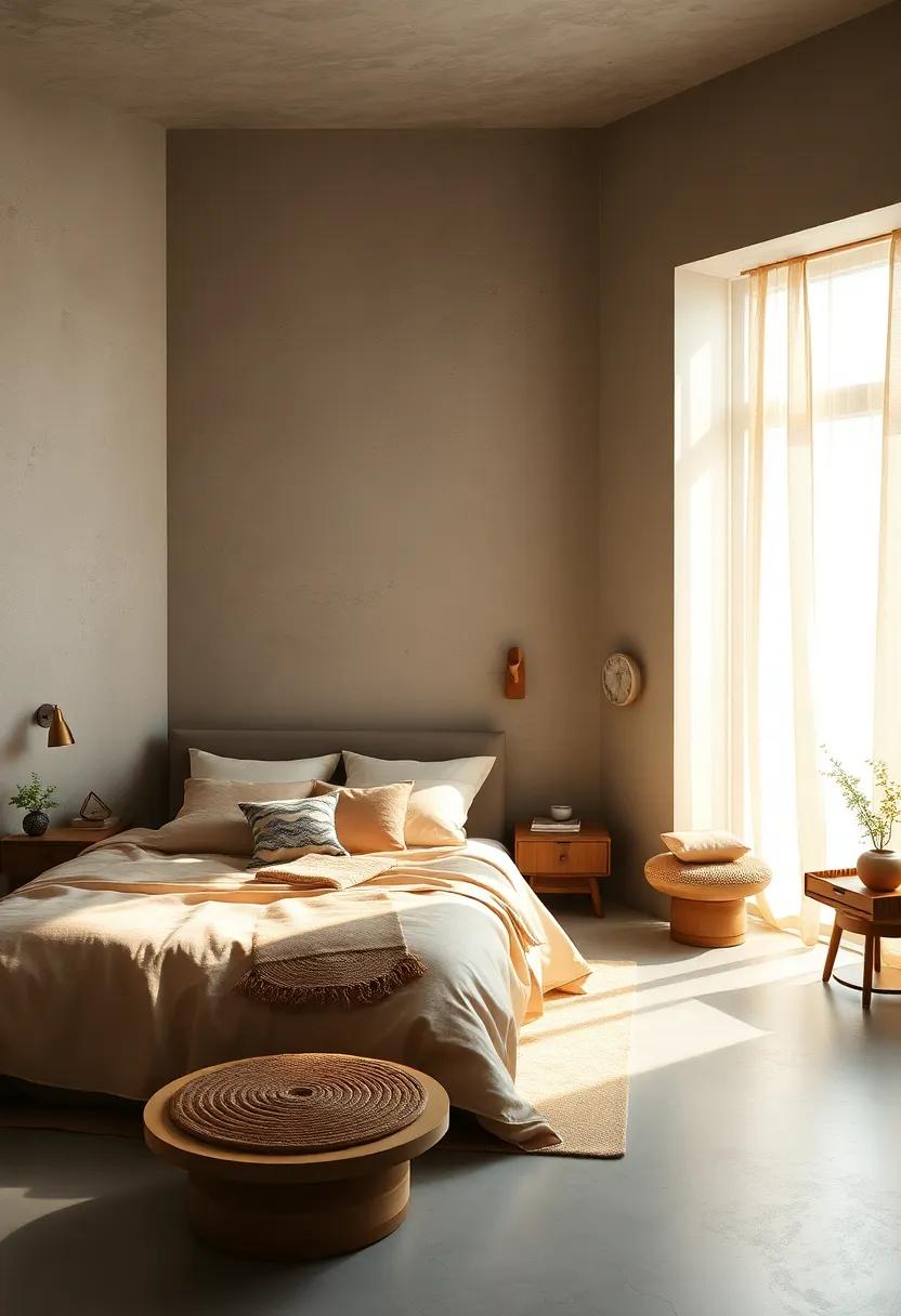 Serene Japandi Bedroom Bathed in Soft Morning Light with Warm Beige and Taupe Elements