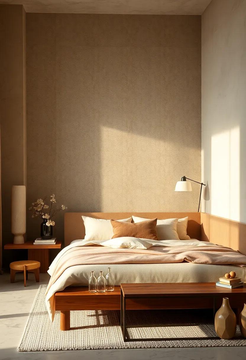 Japandi Sleep Space Featuring Natural Stone Lamps and Soft Walnut Bed Frames with Creamy Upholstery