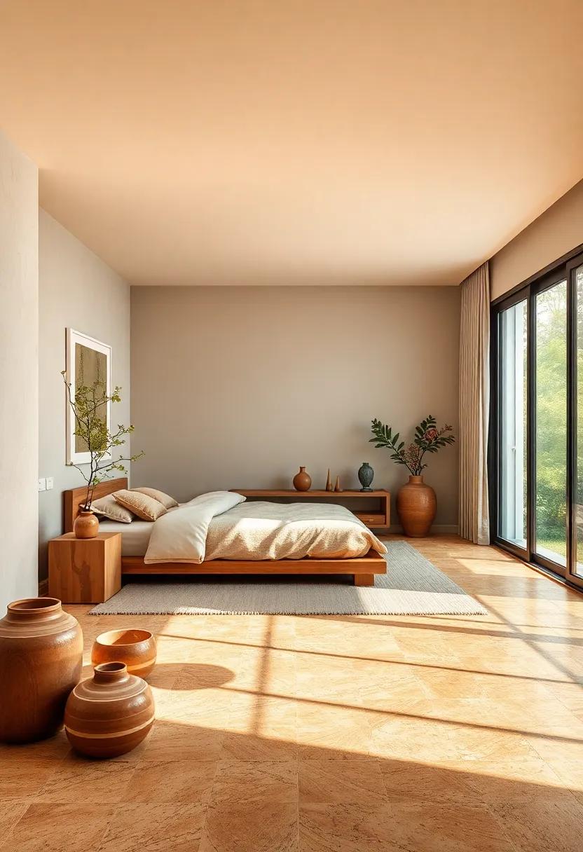Soothing Japandi Interior with Minimalist Lines, Clay Pottery, and Warm Stone-Colored Floor Textures