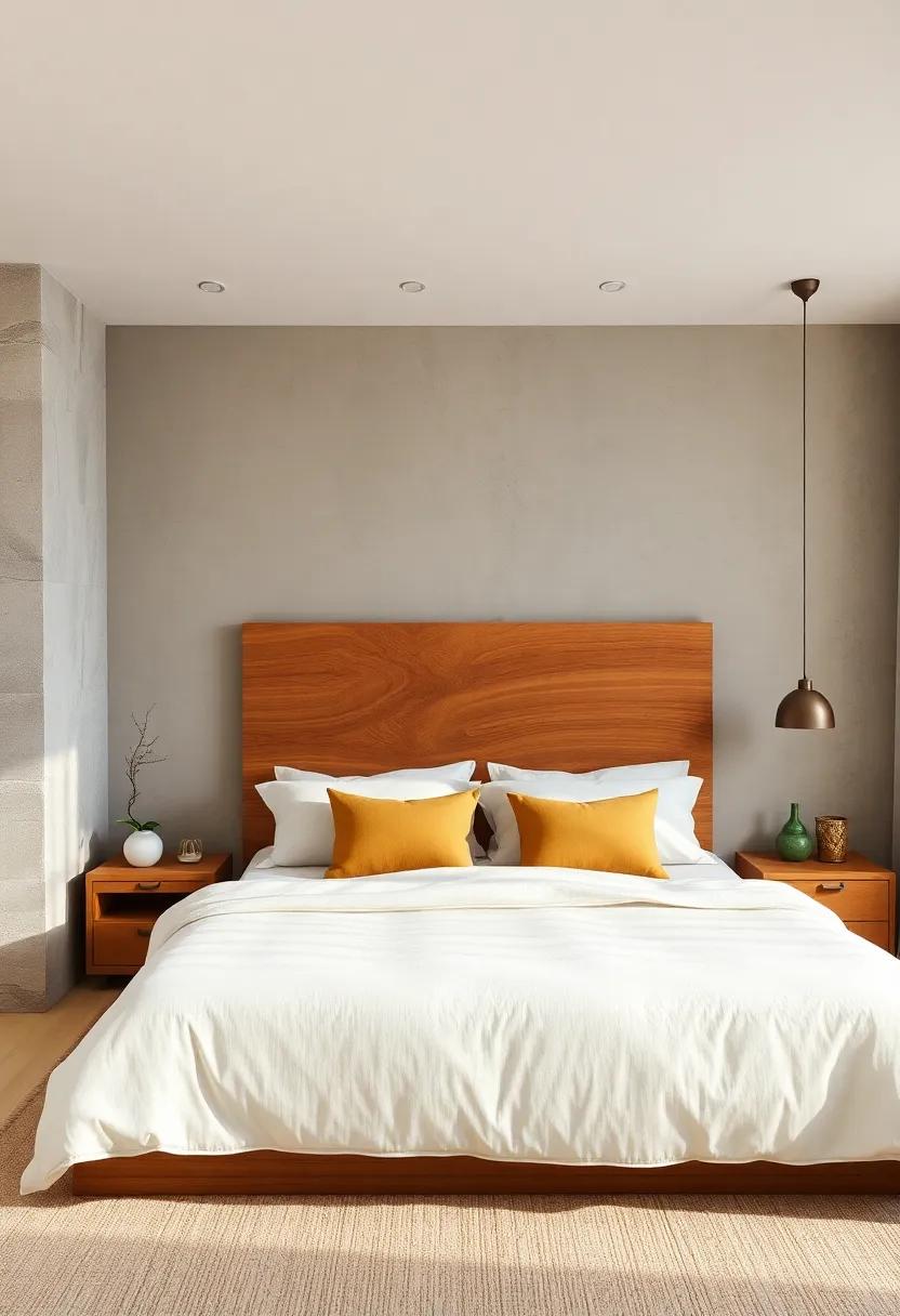 Japandi Retreat Highlighting a Statement Cedar Wood Headboard Paired with Off-White Bedding