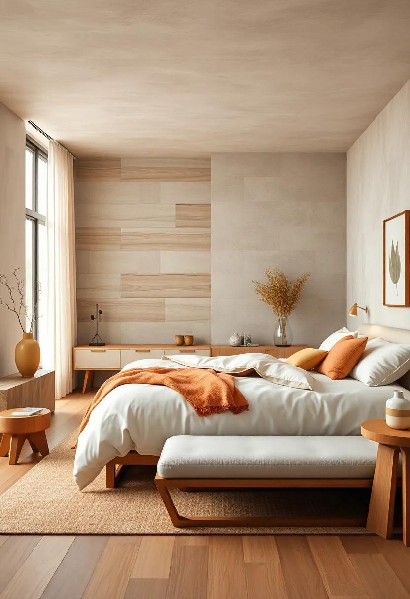 Minimalist Japandi Bedroom Featuring Natural Wood Textures and Plush Cream Textiles in Cozy Layers