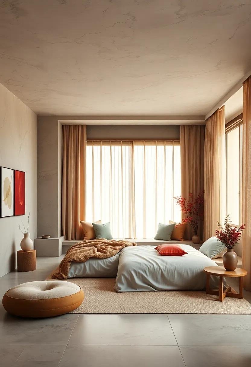 Earth-Tone Infused Japandi Bedroom with Minimalist Window Seatings and Subdued Pastel Curtains
