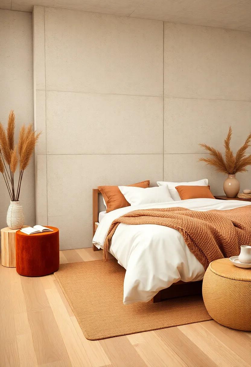 Cozy Japandi Bedroom Scene with Textured Warm Wool Throws and Light Ash Wood Flooring