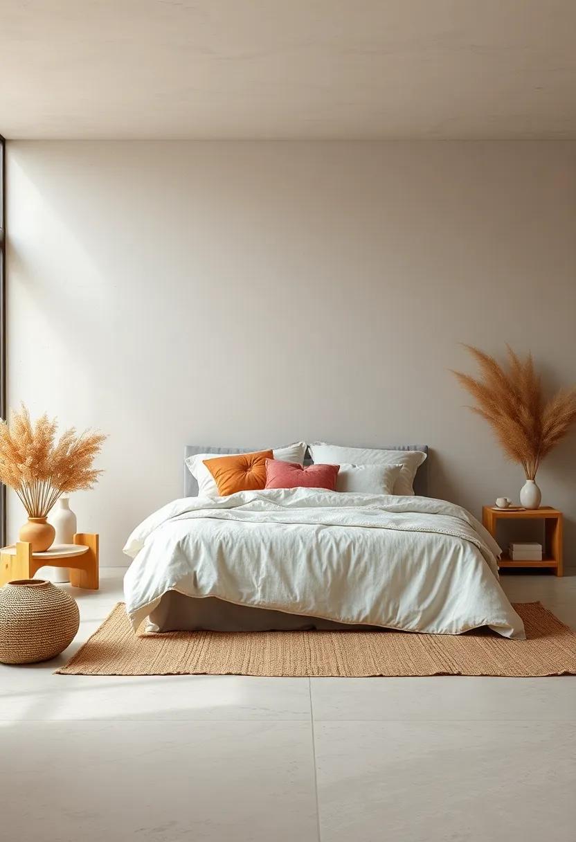 Tranquil Japandi Sleeping Space Accentuated by Bamboo Details and Linen Curtains in Muted Neutrals