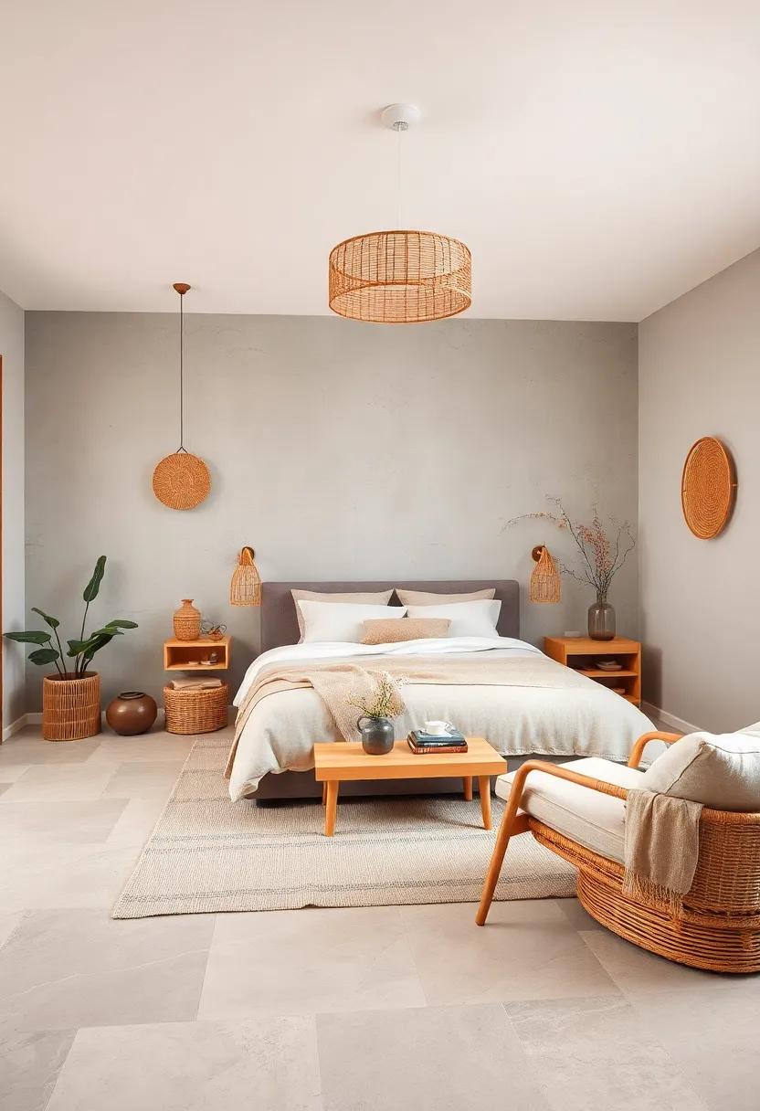 Calming Japandi Bedroom Boasting Clean Lines, Woven Rattan Accents, and Subtle Warm Gray Walls