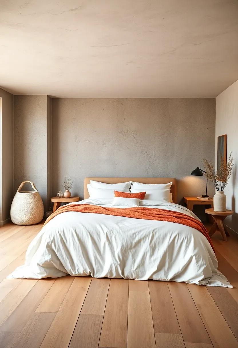 Japandi Sanctuary with Monochromatic Warm Tones and Simplistic Cotton Bedding on a Wooden Floor