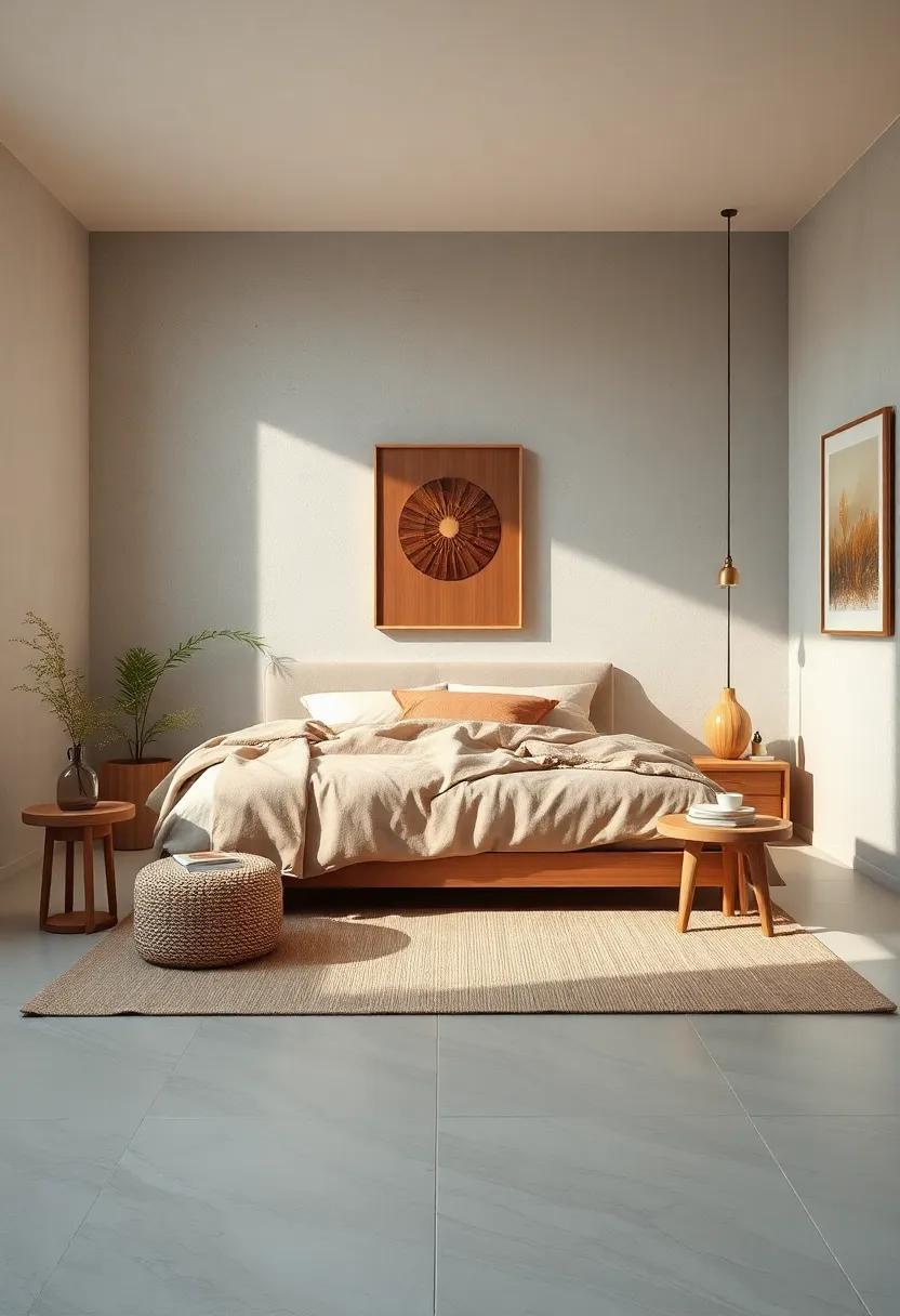 Soft Japandi Bedroom Atmosphere Highlighted by Neutral Linen Throws and Light Teak Side Tables