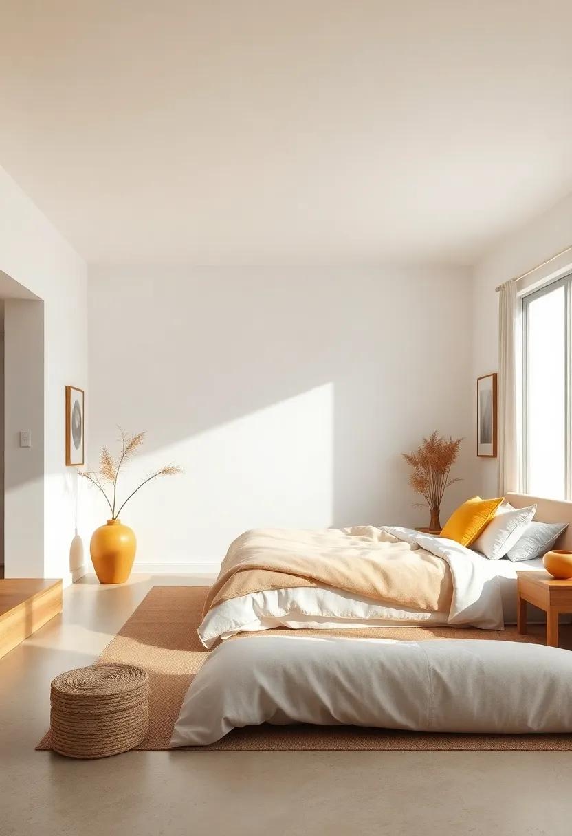 Zen Japandi Bedroom Scene with Crisp White Walls, Pinewood Furniture, and Soft Ochre Accents