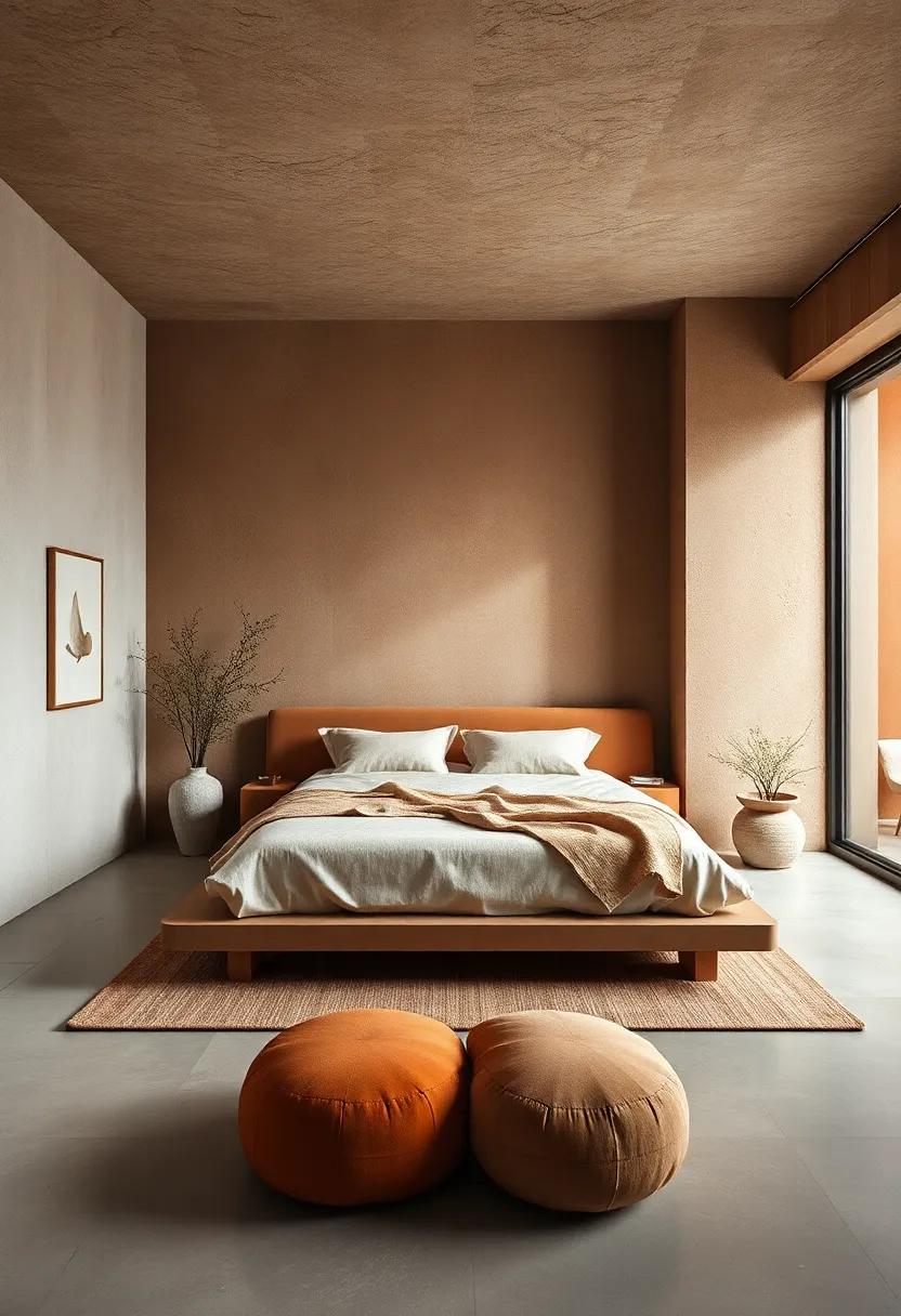 Japandi Inspired Bedroom with Low Platform Bed Surrounded by Earthy Terracotta and Sandy Hues