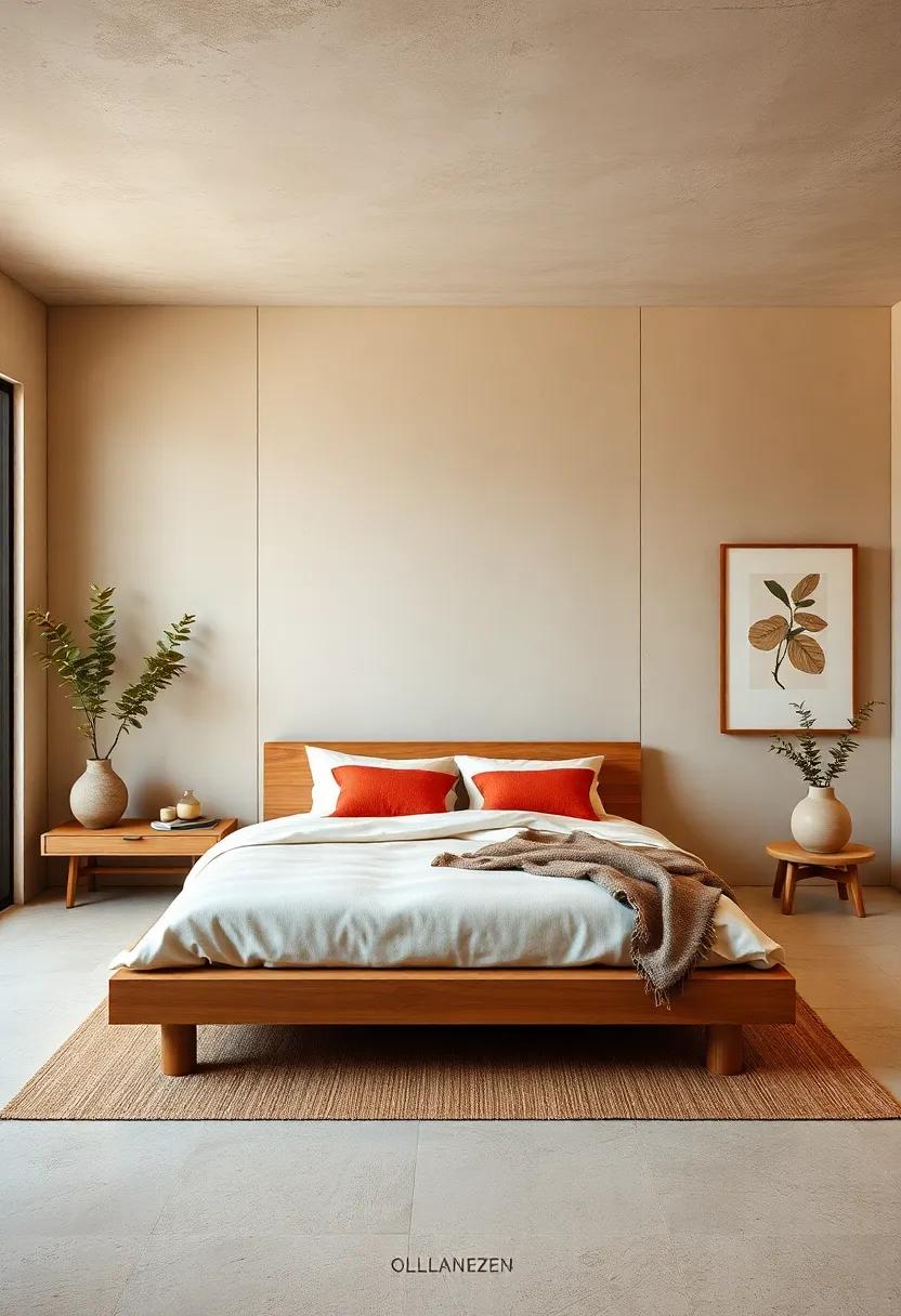 Elegant Japandi Haven Showcasing a Low Wooden Bed Frame Amid Warm Sand and Cream Wall Colors