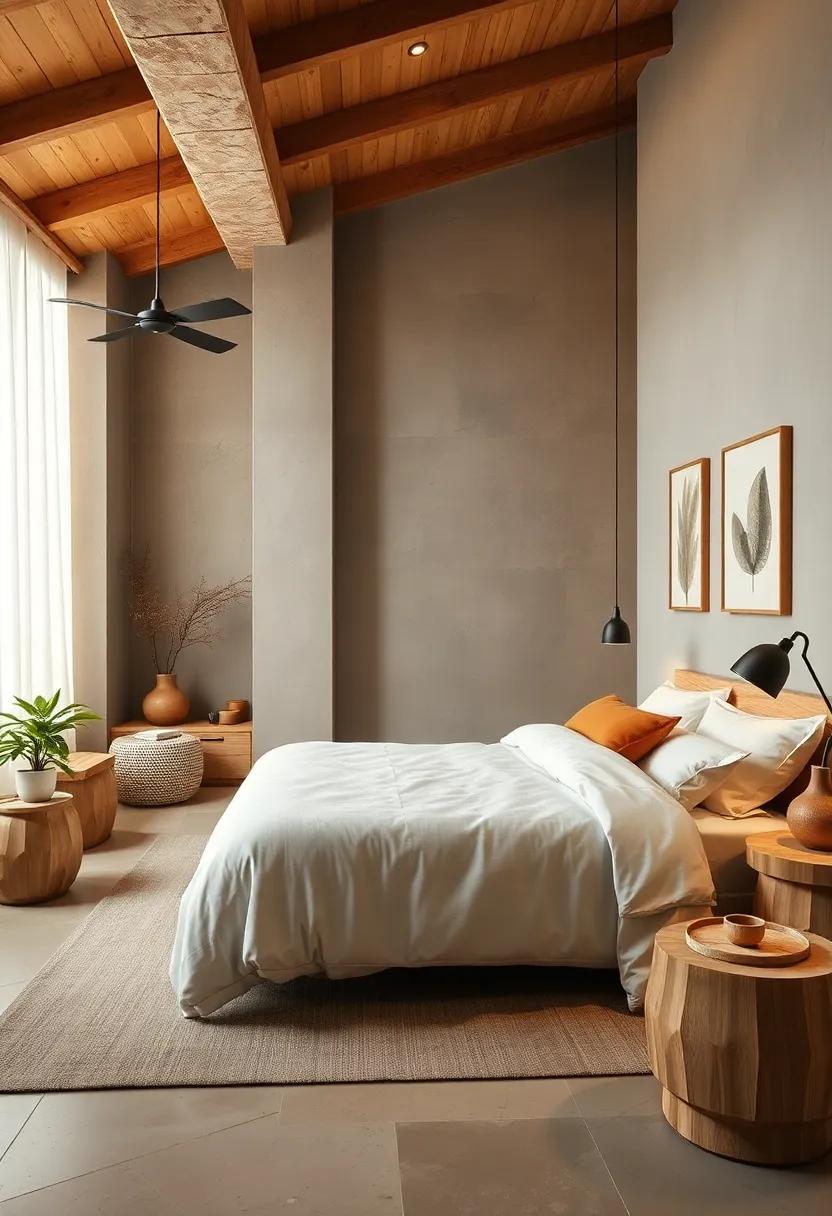 Peaceful Japandi Bedroom Setting Using Warm White Lights and Light Oak Furnishings with Organic Shapes