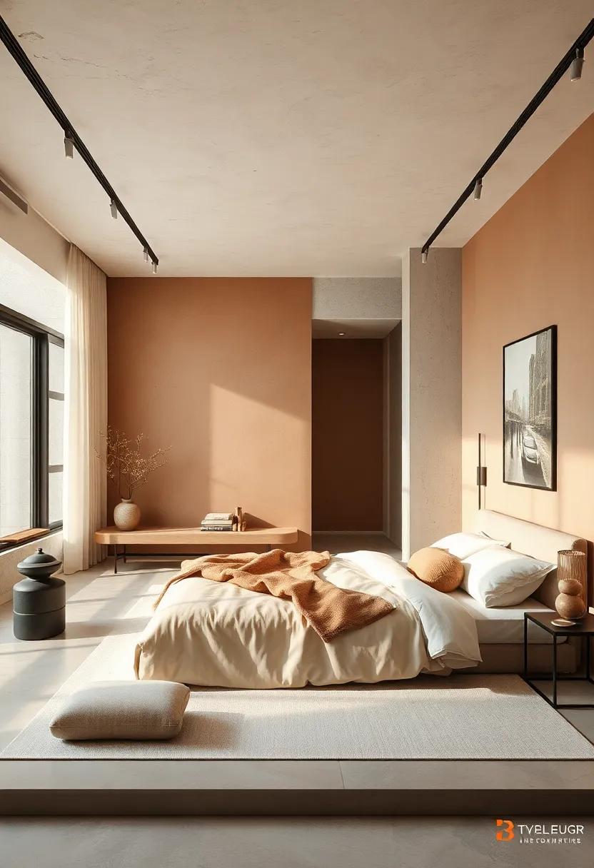 Balanced Japandi Sleeping Area with Simple Black Metal Accents and Earthy Mushroom-Hued Walls