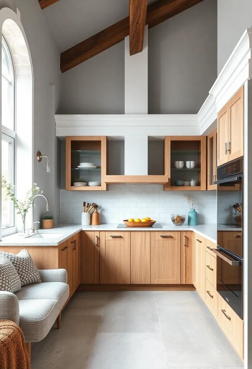 enhance with White Trim: Frame your light gray walls with crisp white trim to provide a clean transition that highlights the warmth of oak cabinets