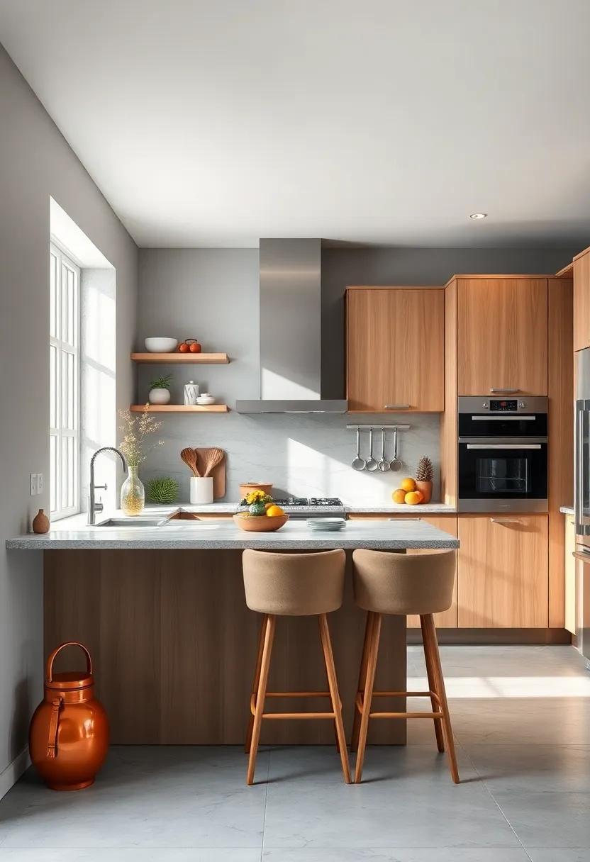 Incorporate Bar Stools: Choose bar stools in oak or a complementary color that emphasizes the theme of light gray and brings additional seating to the kitchen