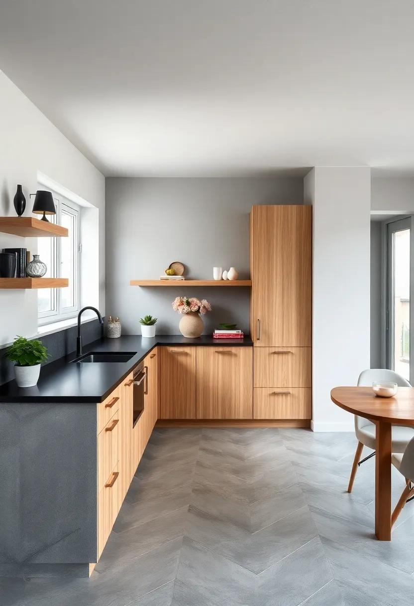 Use Darker Countertops: Dark countertops can ground the kitchen and ‌provide a dramatic‌ contrast to the light gray ‍and oak cabinetry
