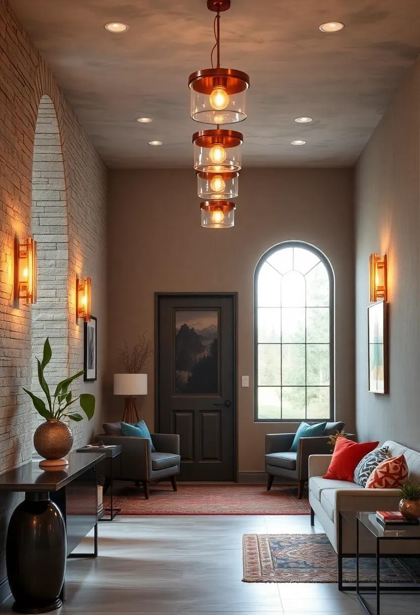 Copper Fixtures Reflecting Warm Light Against Textured Painted Walls At The Entry