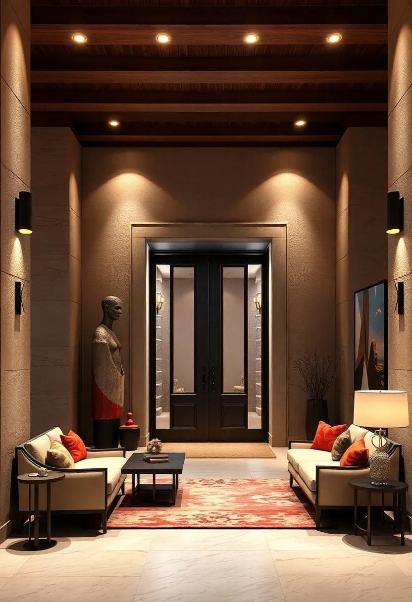 Dramatic Spotlights Accentuating Bold Sculptures Near A Grand Entrance Doorway
