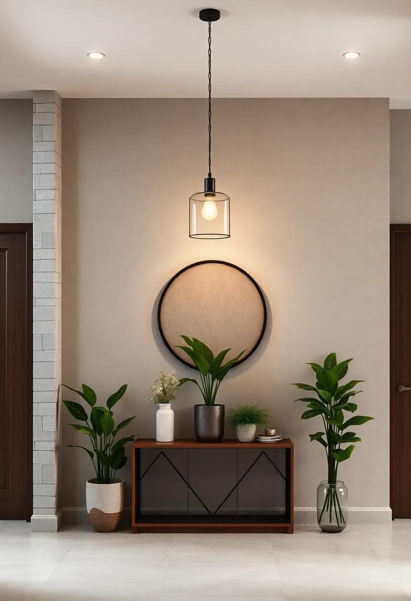 Elegant Pendant Lights Hanging Gracefully Over A Chic Entry Console With Plants