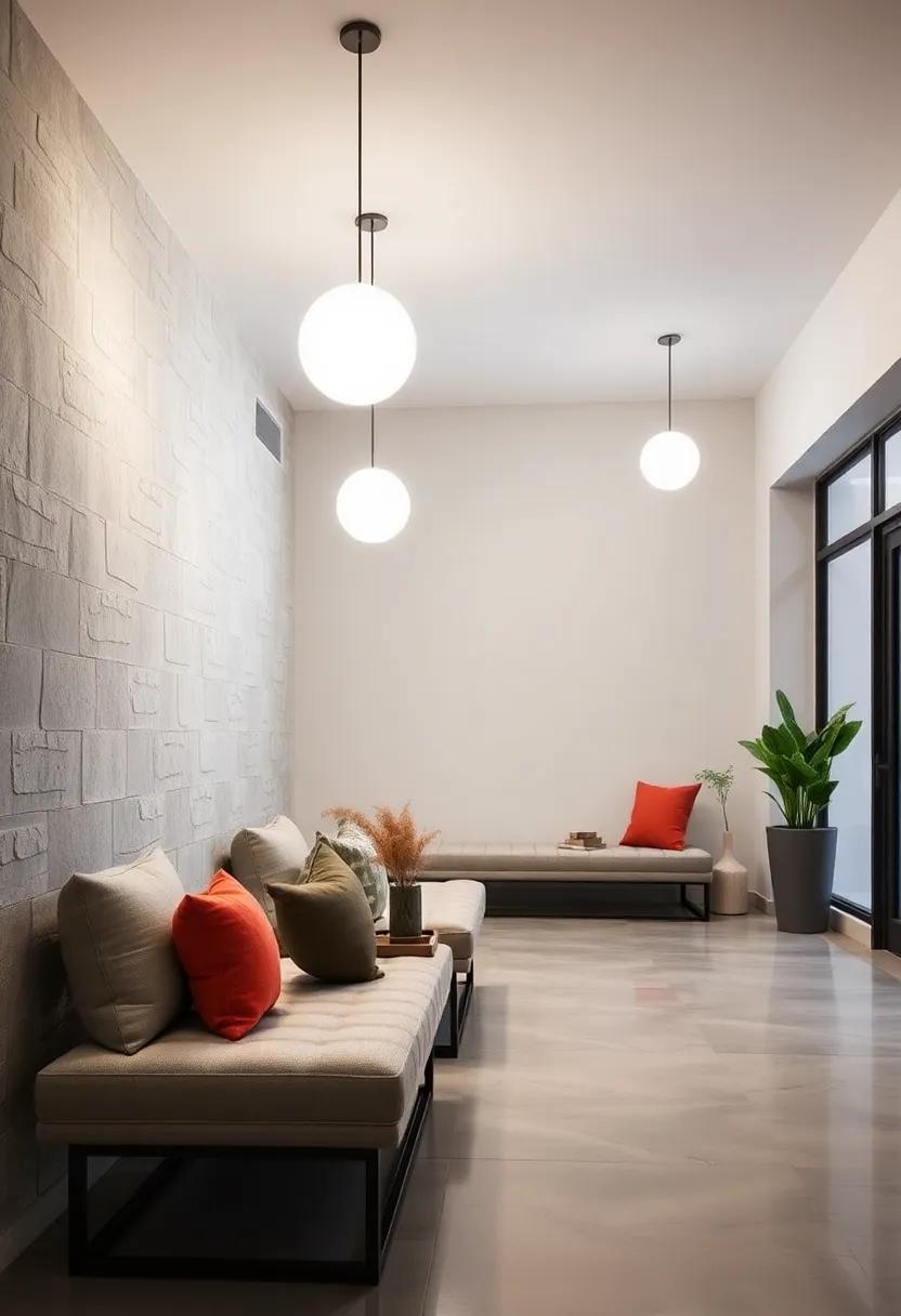 Floating Orb Lights Suspended Over Sleek Benches For Inviting And Balanced Illumination